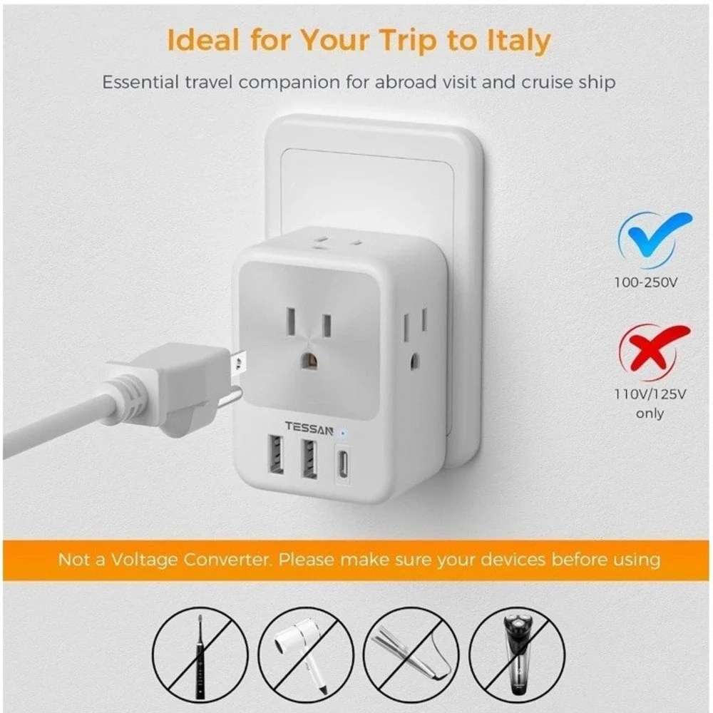 (22)Italy Power Adapter 2 Pack, TESSAN Italy Travel Plug Adapter with 4 Outlets